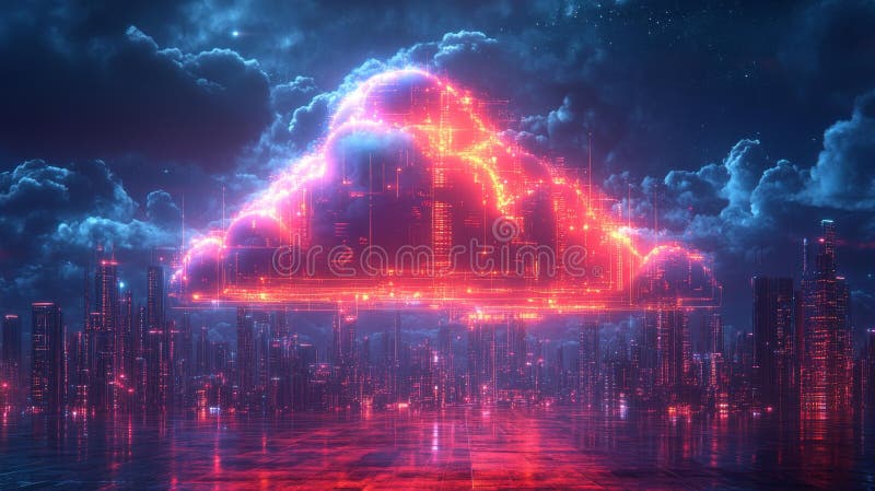 Digital Cloud Over Futuristic Cityscape - Generative AI royalty free illustration