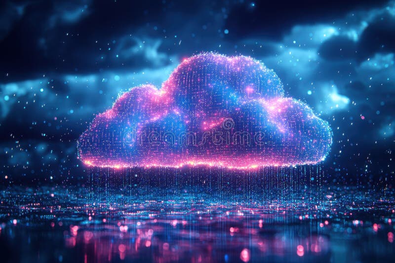 A glowing, digital representation of a cloud raining binary data streams in a futuristic setting. The image portrays the concept of technology, data storage, and cloud computing in a visually vibrant way, using vivid light effects. It combines modernity and innovation, showcasing the merging of nature with technological advancements. Technology digitization stock images, royalty-free photos and pictures