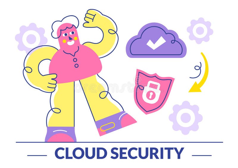 Digital Cloud Security Vector Illustration Featuring Safety and Data Protection for Networks, Internet, Hosting, and Backup royalty free illustration