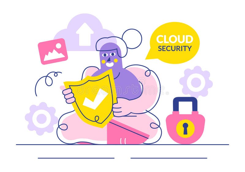 Digital Cloud Security Vector Illustration Featuring Safety and Data Protection for Networks, Internet, Hosting, and Backup stock illustration