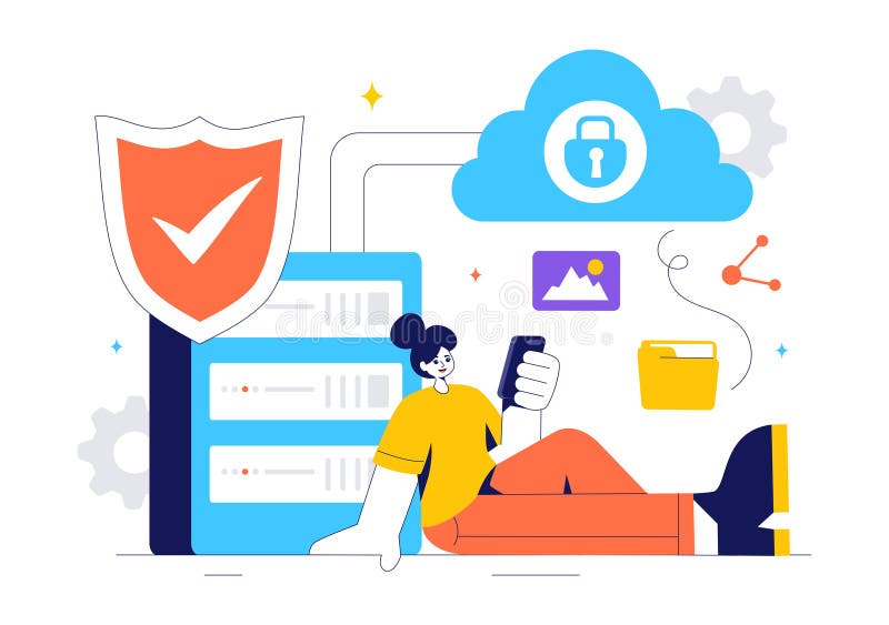 Digital Cloud Security Vector Illustration of Safety and Data Protection for Network, Internet, Hosting, and Backup Servers stock illustration