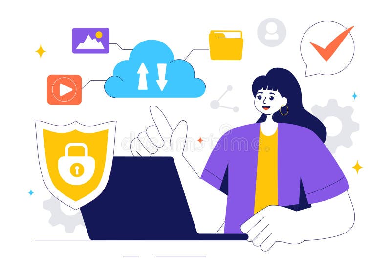 Digital Cloud Security Vector Illustration of Safety and Data Protection for Network, Internet, Hosting, and Backup Servers royalty free illustration