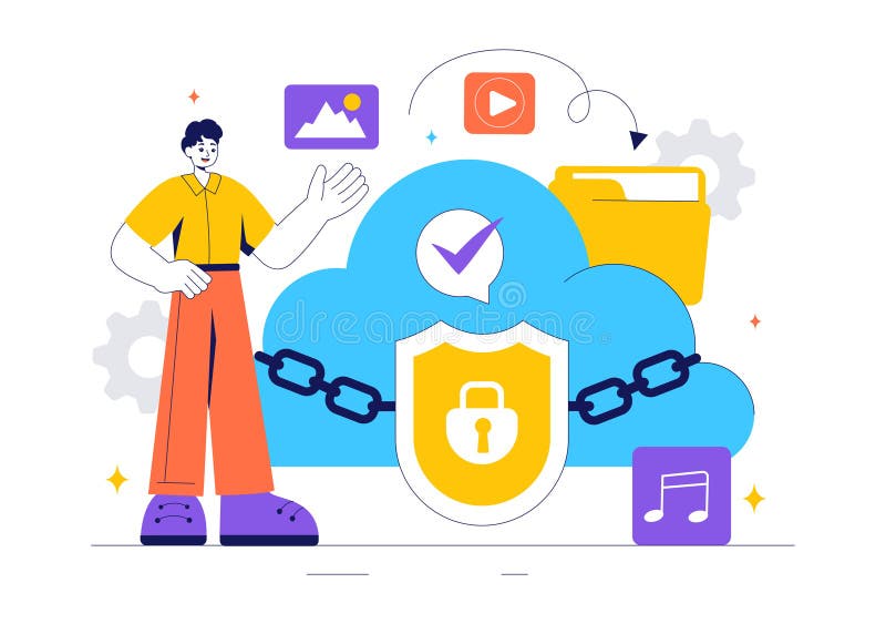 Digital Cloud Security Vector Illustration of Safety and Data Protection for Network, Internet, Hosting, and Backup Servers vector illustration
