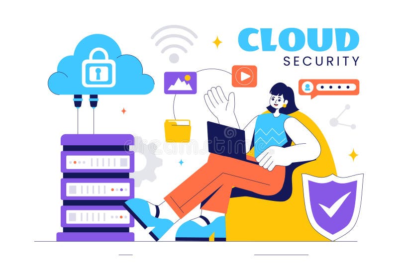 Digital Cloud Security Vector Illustration of Safety and Data Protection for Network, Internet, Hosting, and Backup Servers royalty free illustration