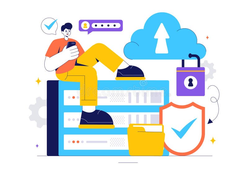Digital Cloud Security Vector Illustration of Safety and Data Protection for Network, Internet, Hosting, and Backup Servers vector illustration