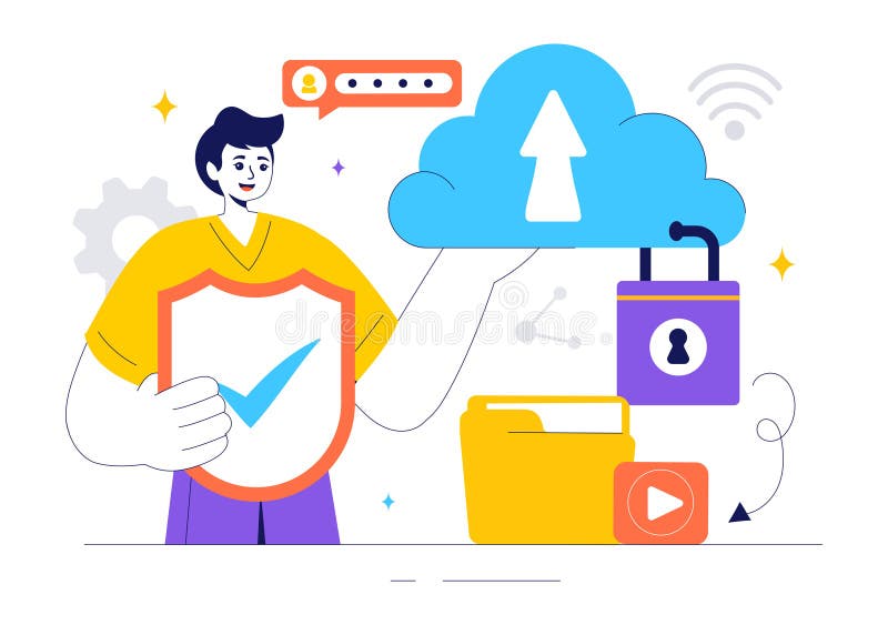 Digital Cloud Security Vector Illustration of Safety and Data Protection for Network, Internet, Hosting, and Backup Servers vector illustration