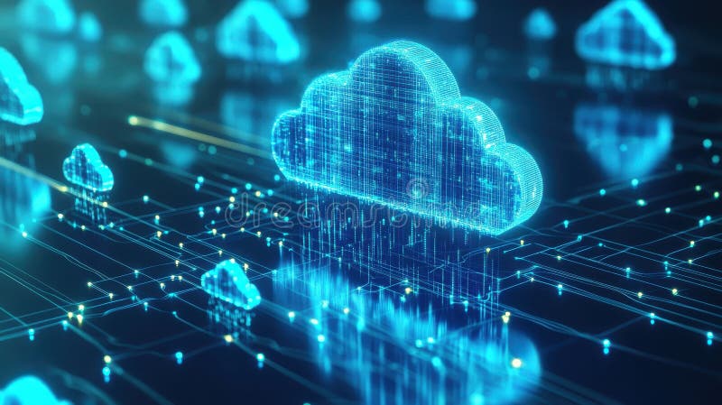 A digital cloud symbol with glowing data streams, representing cloud computing and data transfer royalty free illustration