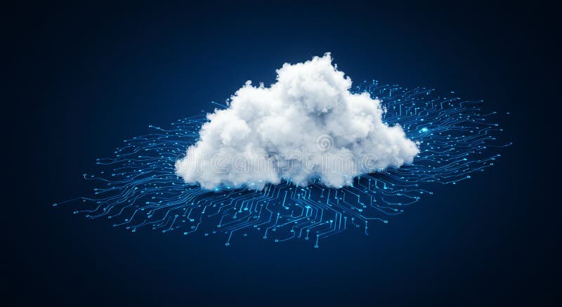A digital cloud symbol rests above a complex circuit board pattern on a dark blue stock illustration