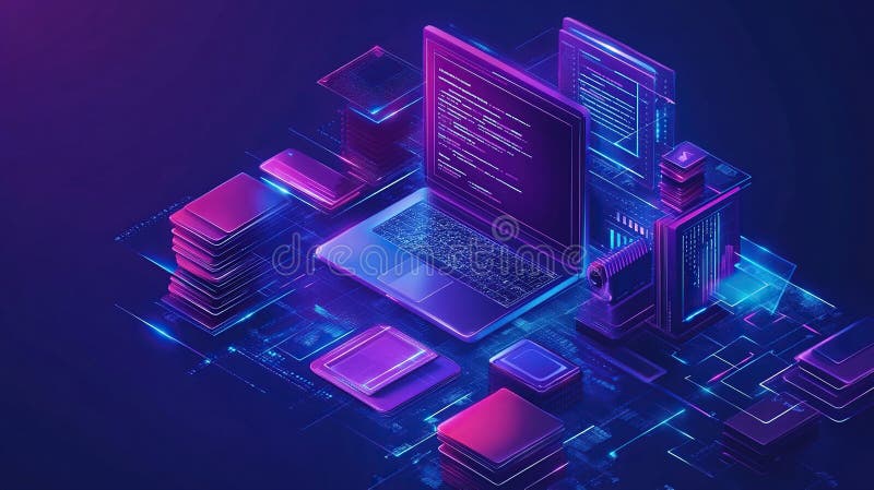 Digital code laptop isometric neon background vector illustration