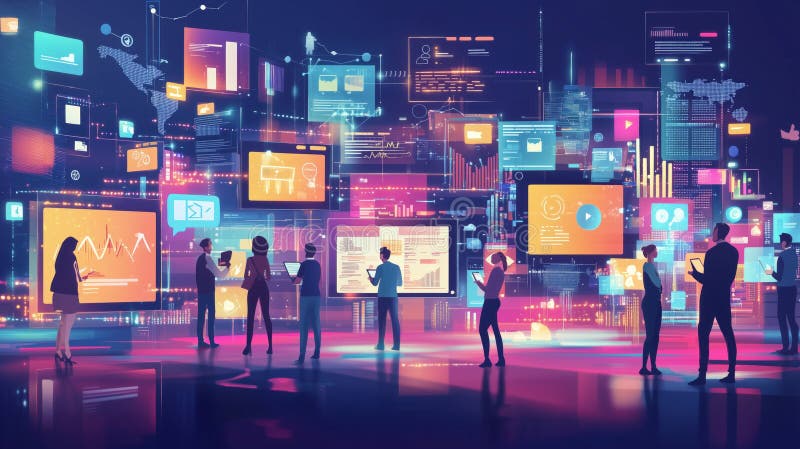 Digital collaboration: team of professionals analyzing data in a futuristic workspace royalty free stock image