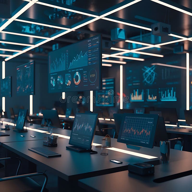 Digital Command Center Displaying Real-Time Data and Analytical Insights Globally. royalty free illustration