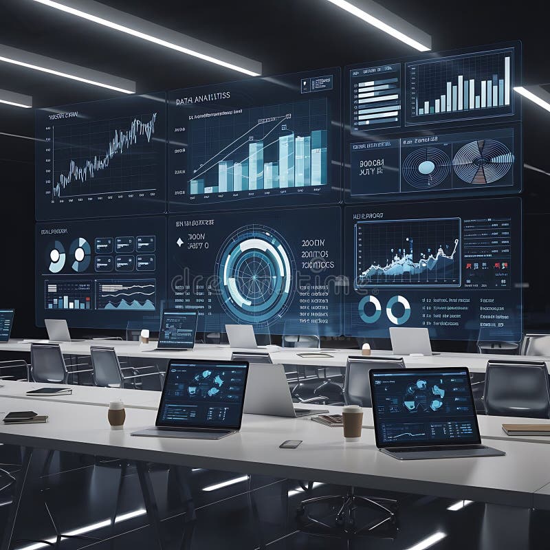 Digital Command Center Displaying Real-Time Data and Analytical Insights Globally. stock illustration