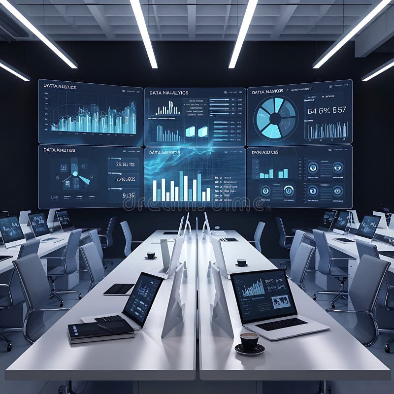 Digital Command Center Displaying Real-Time Data and Analytical Insights Globally. royalty free illustration