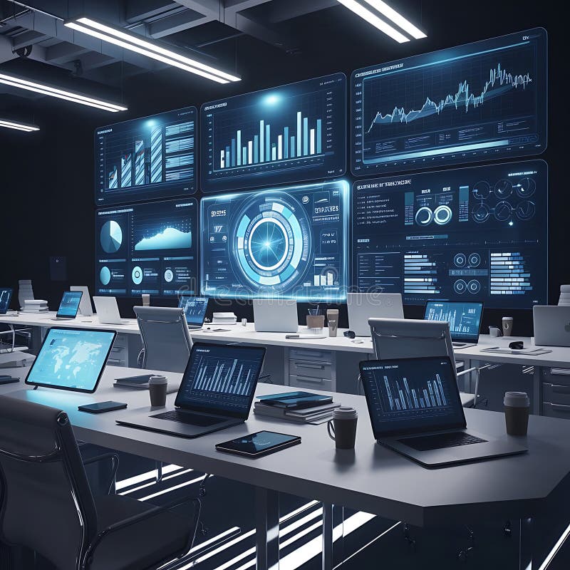 Digital Command Center Displaying Real-Time Data and Analytical Insights Globally. stock illustration