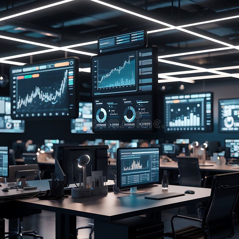 Digital Command Center Displaying Real-Time Data and Analytical Insights Globally. royalty free illustration
