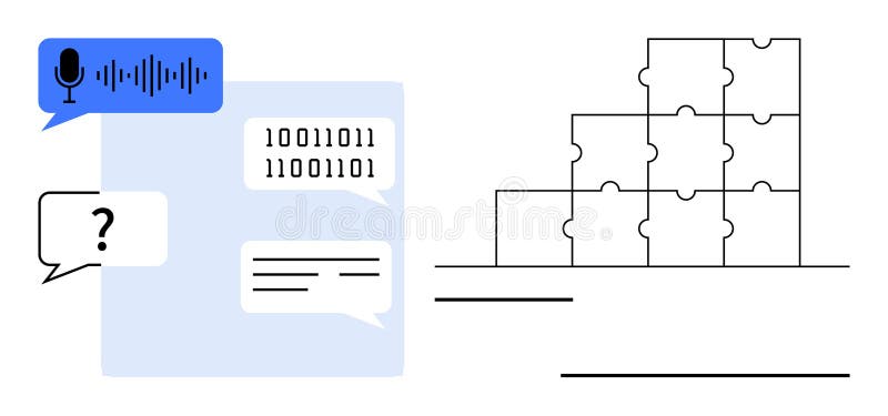 Digital Communication and Problem Solving Concept with Binary Code, Speech-to-Text, and Puzzle Pieces vector illustration