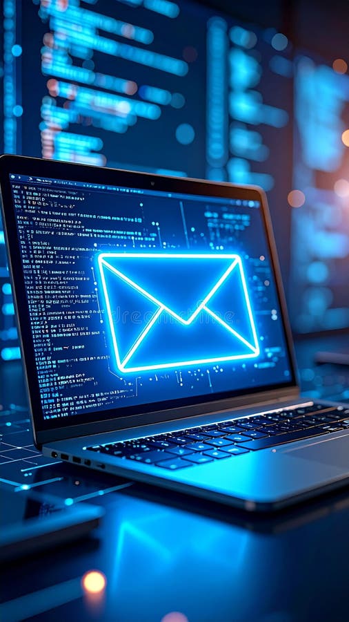 Digital communication concept with neon email icon displayed on a laptop screen stock image