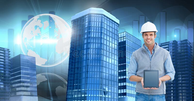 Architect construction man holding tablet with Tall buildings with world globe royalty free stock photo Architect construction man holding tablet with Tall buildings with world globe royalty free stock photo