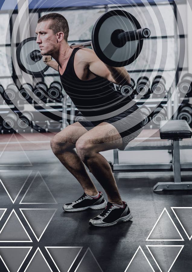 Athletic Fit Man Lifting Weights in Gym with Health Interface Stock Photo Image of focused