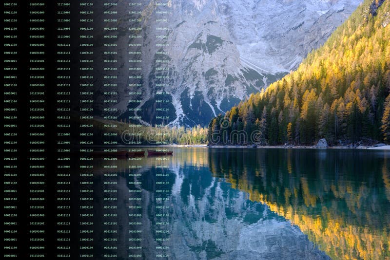 Digital composite of binary code creating alpine mountain lake landscape. stock image Digital composite of binary code creating alpine mountain lake landscape. stock image