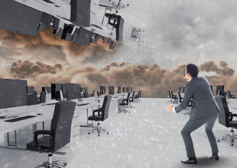 Businessman standing in inverted office in clouds