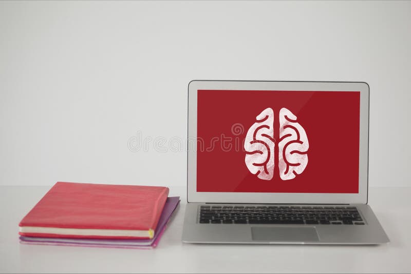 Computer on a school table with brain icon on screen stock illustration Computer on a school table with brain icon on screen stock illustration