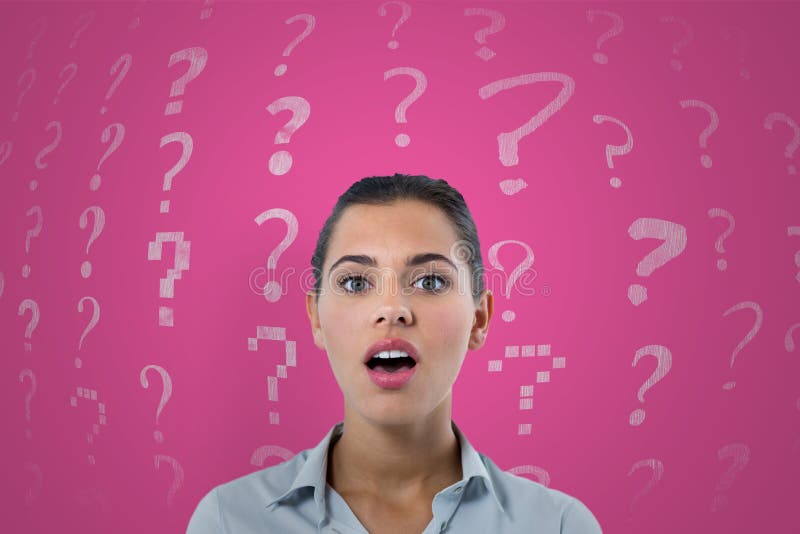 Digital composite of Confused or surprised woman and question marks pattern