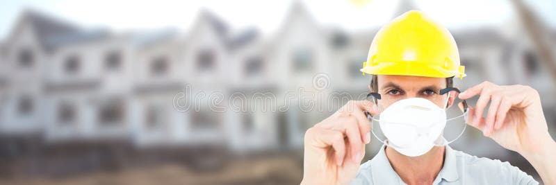 Construction Worker on building site wearing mask royalty free stock photography Construction Worker on building site wearing mask royalty free stock photography