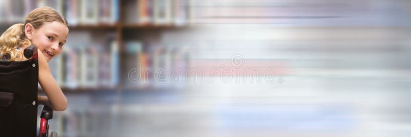 Disabled School girl in education library in wheelchair with transition stock photos Disabled School girl in education library in wheelchair with transition stock photos