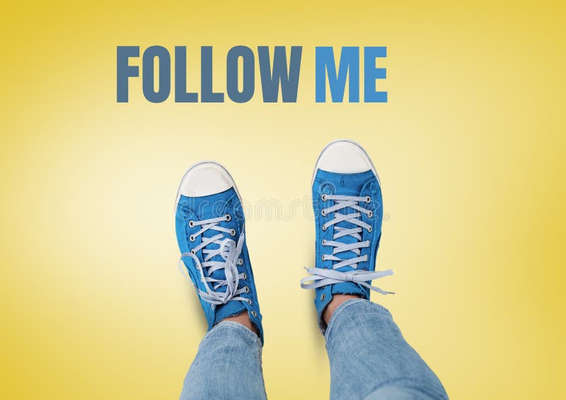 Follow Me Text and Blue Shoes on Feet with Yellow Background Stock  Illustration - Illustration of shoes, casual: 97936577