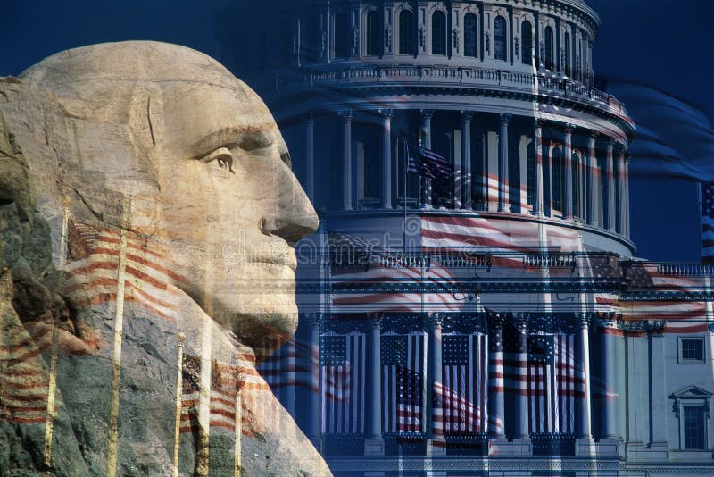 Digital composite: George Washington, the U.S. Capitol and American flags royalty free stock photography Digital composite: George Washington, the U.S. Capitol and American flags royalty free stock photography