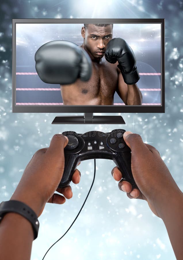 Hands holding gaming controller with boxer fighter on television