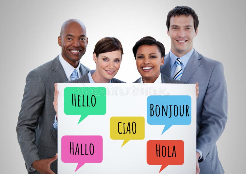 Digital composite of Hello in different languages chat bubbles learning with business people