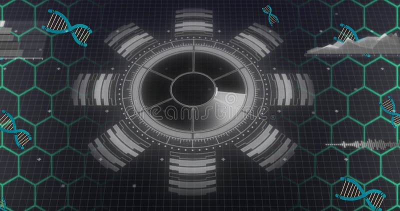 Digital composite image of circular pattern with dna and hexagon shape, copy space vector illustration