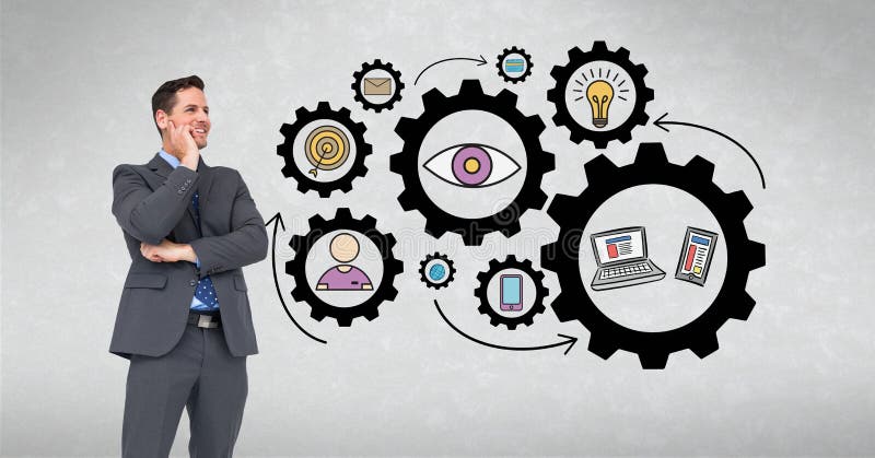 Digital composite image of happy businessman looking at gears and icons vector illustration