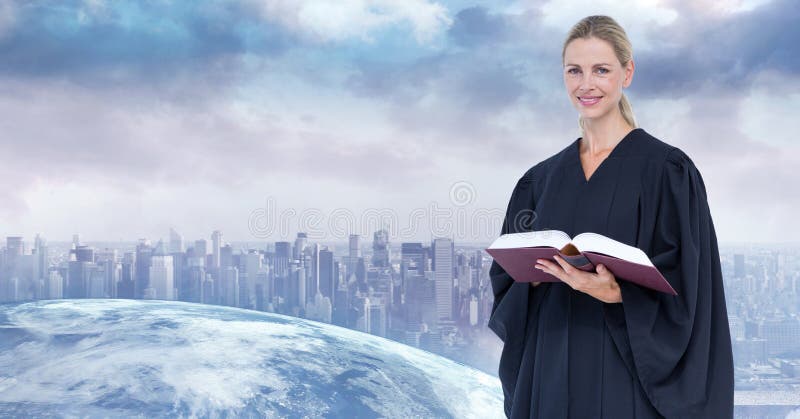 Digital composite image of judge holding book with city in background royalty free stock photo Digital composite image of judge holding book with city in background royalty free stock photo