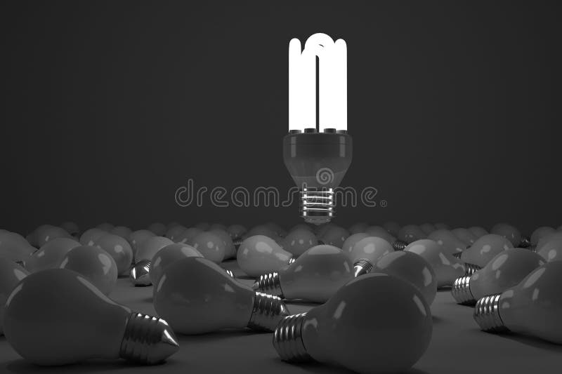 Digital composite image of lit energy efficient lightbulb over bulbs royalty free illustration