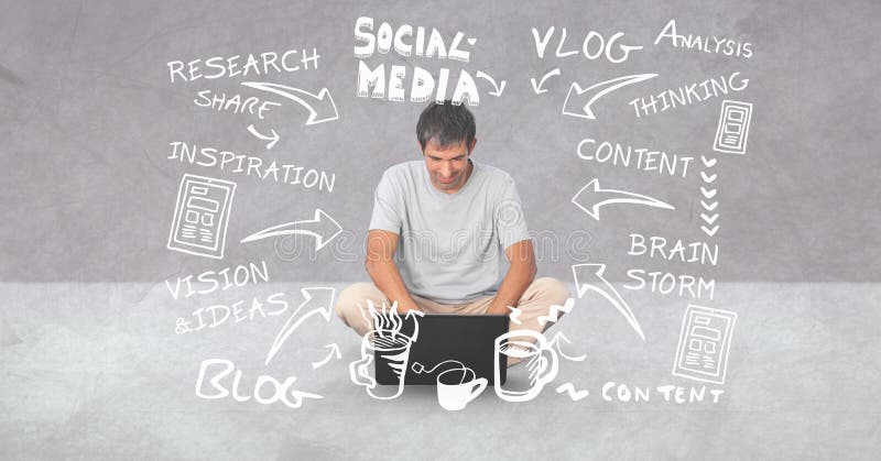 Digital composite image of man using laptop amidst various texts and arrow symbols stock image Digital composite image of man using laptop amidst various texts and arrow symbols stock image