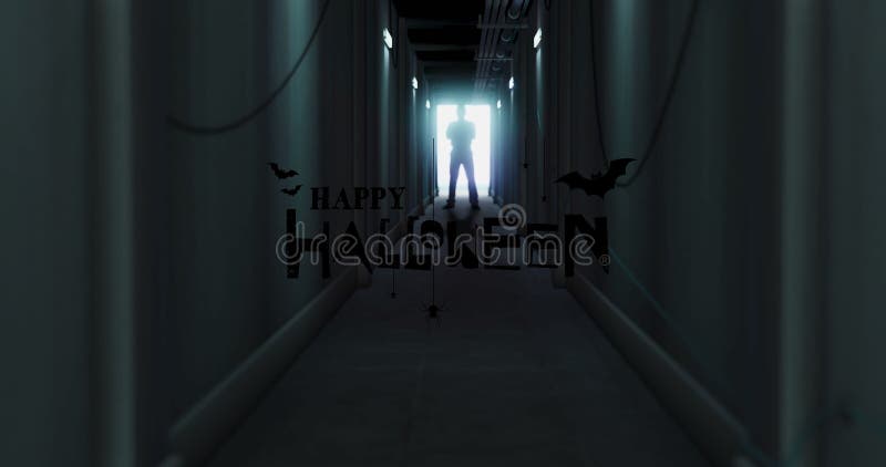 Digital composite image of silhouette man standing in corridor with happy halloween text vector illustration