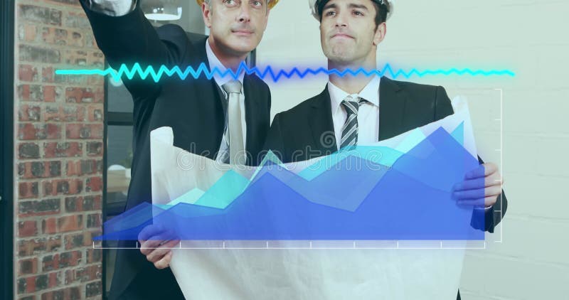 Digital composite image of statistical data processing against two architects discussing over plan stock illustration