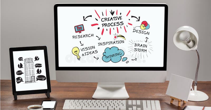 Digital composite image of text and icons on computer screen royalty free illustration