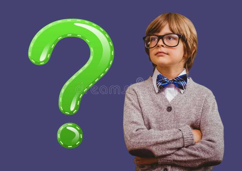 Kid Boy with Green Shiny Question Mark Stock Photo - Image of ...