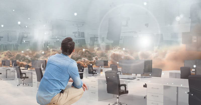 Man looking at 3d futuristic office