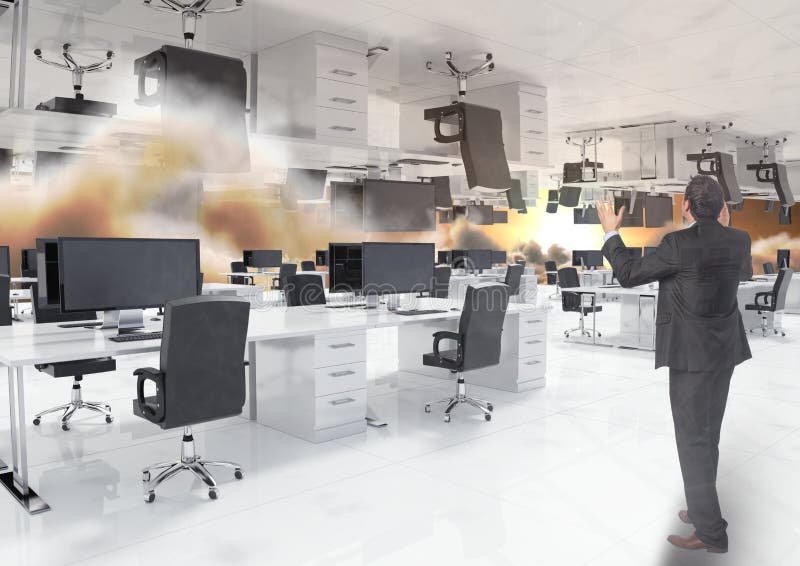 Man standing in inverted office in clouds