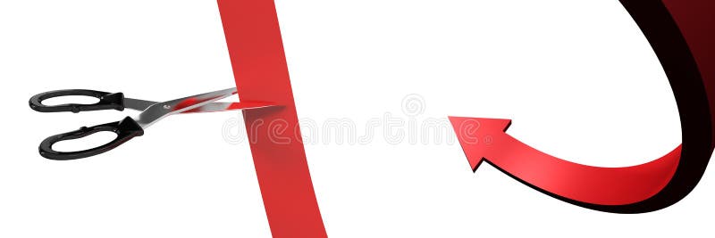 Scissors cutting ribbon with curved arrow stock illustration Scissors cutting ribbon with curved arrow stock illustration