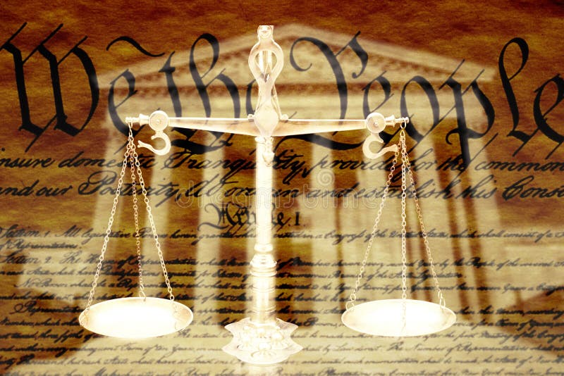 Digital composite: Supreme Court Building, the Scales of Justice and the U.S. Constitution