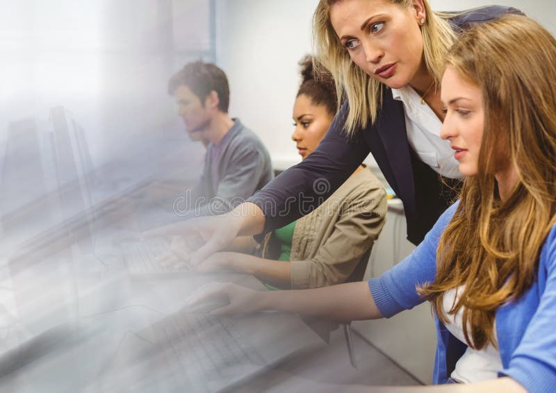 Teacher with Class on Computers Stock Photo Image of mixedrace, indoors 97943392