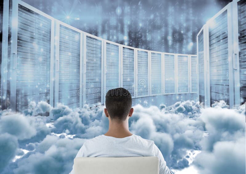 Teenager sitting looking at simulation through clouds royalty free stock photos Teenager sitting looking at simulation through clouds royalty free stock photos