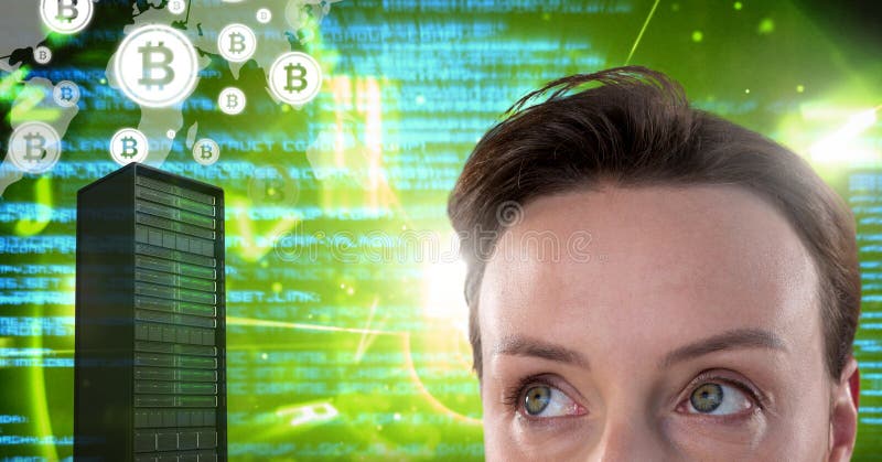 Woman with computer server and bitcoin technology information interface royalty free illustration Woman with computer server and bitcoin technology information interface royalty free illustration