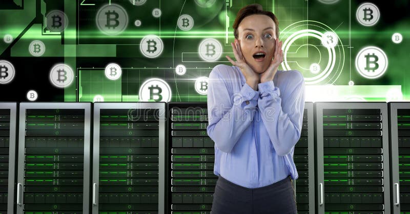Woman with computer servers and bitcoin technology information interface royalty free stock images Woman with computer servers and bitcoin technology information interface royalty free stock images